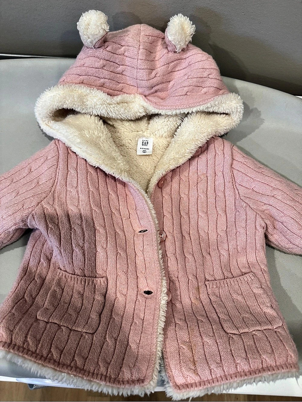 Baby Gap Baby Sherpa-Lined Cable-Knit Bear Cardigan Pink 6-12 mo